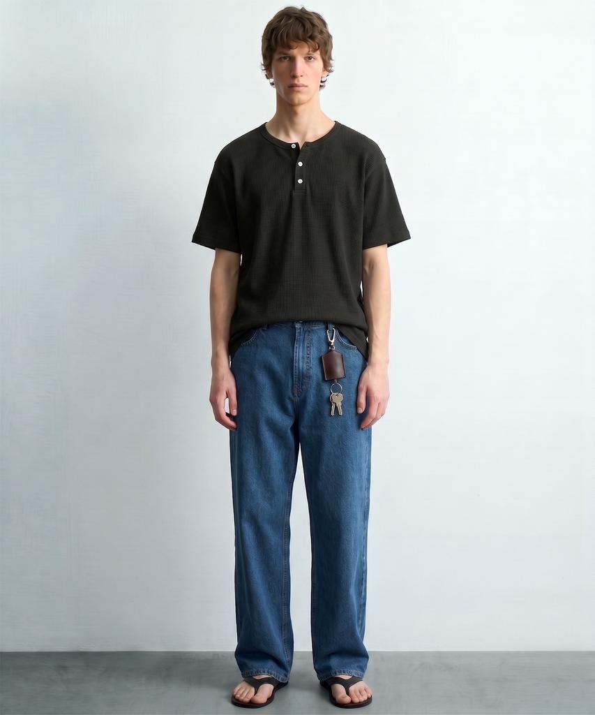DE GRAND MATIN Waffle Henley-Neck T-Shirt_Black