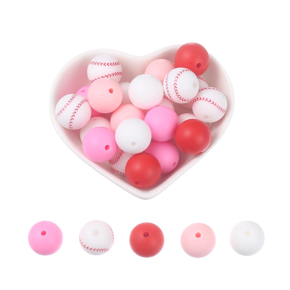 15mm 30Pcs Silicone Beads Round Print Food Grade Teething Beads for Baby Toy Soft Chew Teething DIY Pacifier Clips Necklace