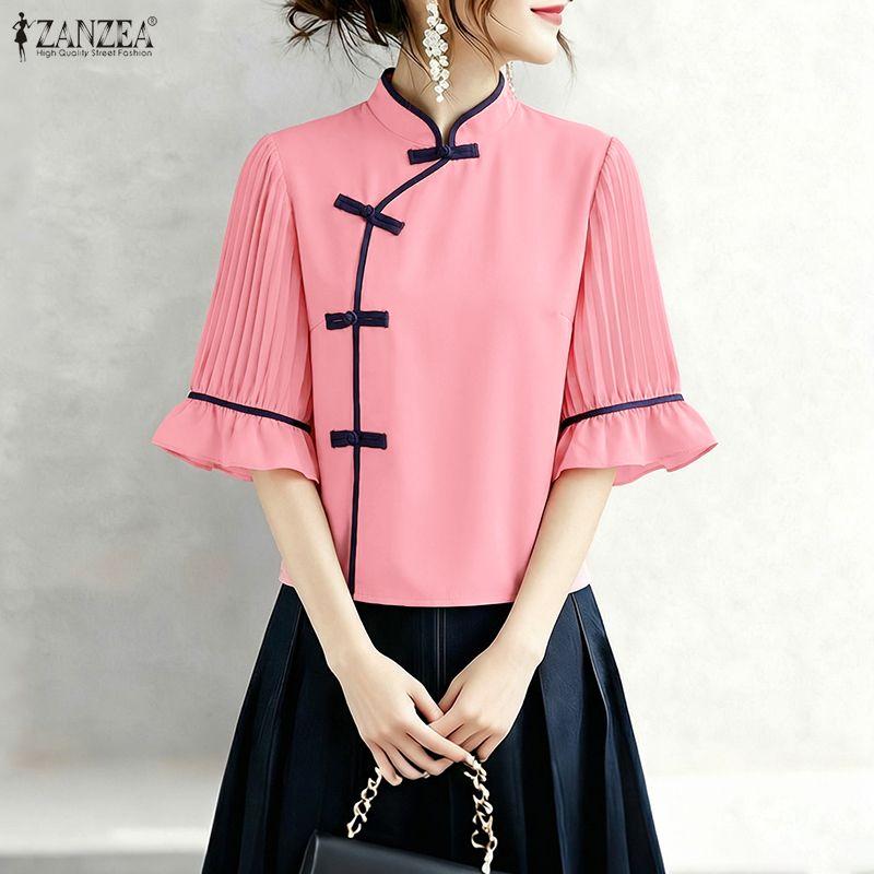 ZANZEA Women Casual Stand Collar Flare Half Sleeve Loose Blouse