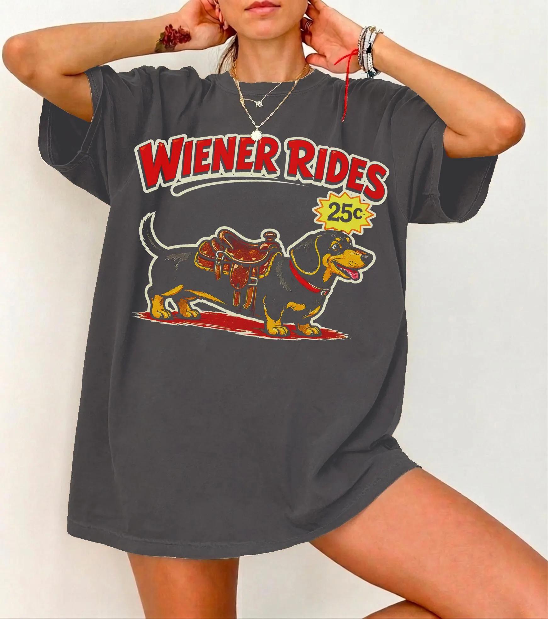 

Wiener Rides Dachshund Graphic Tee Retro Hot Dog Carnival Design Summer Unisexs and Womens Loose and Breathable Tshirt Top 4XL