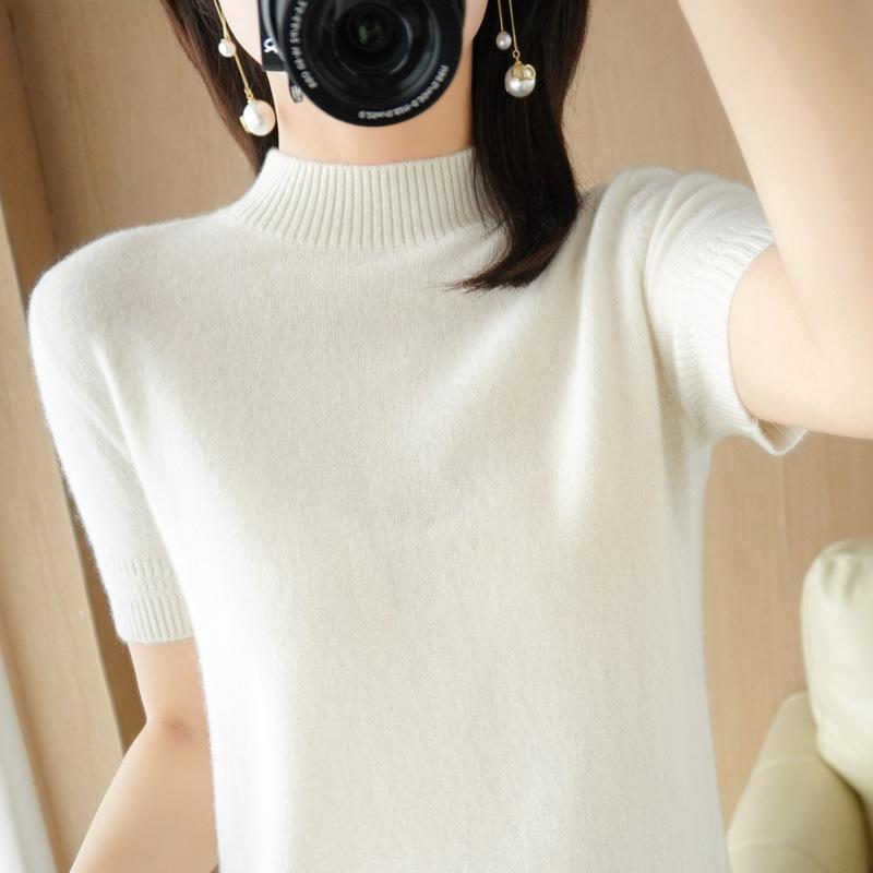 Svetr s polovičním rolákem Vícebarevný Krátký rukáv Letní Nový Volný Módní a Všestranný Jednobarevný Temperament Vnitřní Top