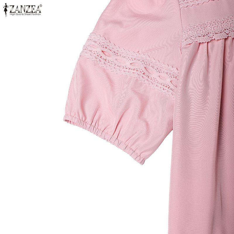 ZANZEA Women Casual Round Neck Elegant Lace Patchwork Short Sleeve Long Dress