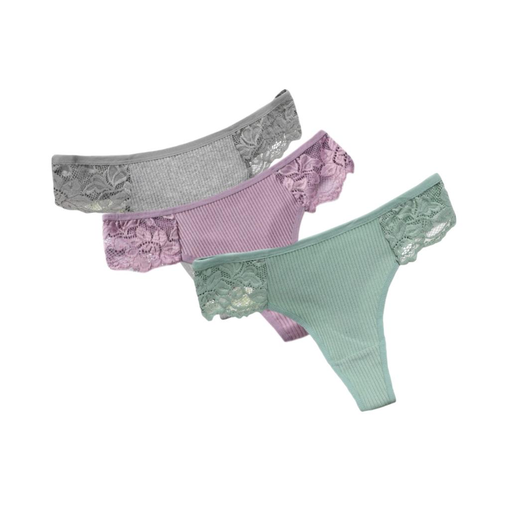 3Pcs/Set Women Cotton G-string Panties Female Underpants Breathable Underwear Solid Color Thongs Lace Trim Comfort Sexy Lingerie