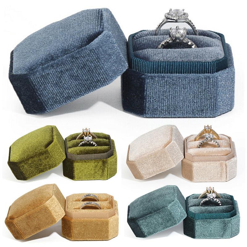

PDTO восьмиугольная бархатная коробка для двойных колец, коробки для хранения обручальных колец со съемной крышкой