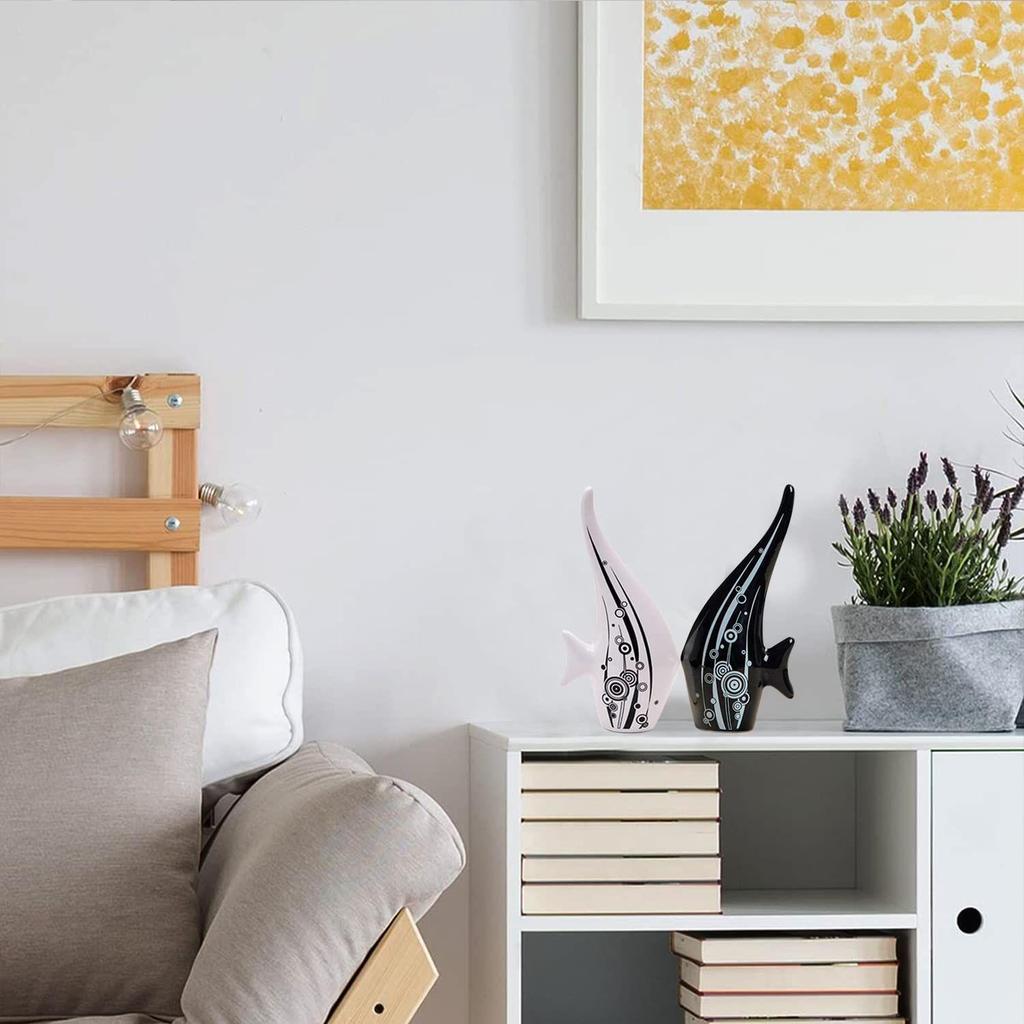 New Modern Minimalist Black and White Bubble Fish Art Figure | Beautiful Home Decor- (Set of 2 Pc), Ceramic