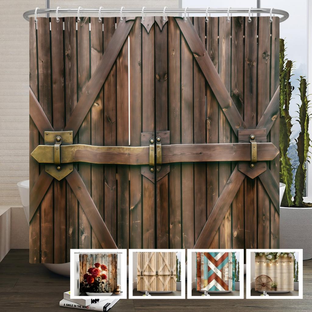 Western Cowboy Theme Bathroom Shower Curtain Barn Wooden Door Decor Waterproof Bathroom Curtain With Hooks Polyester Curtains