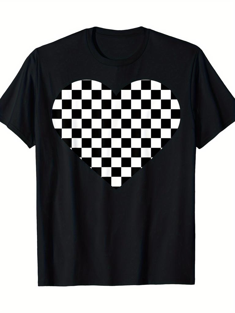 T-shirt Graphique Cœur à Carreaux Coton Doux Décontracté Manches Courtes pour Hommes Femmes