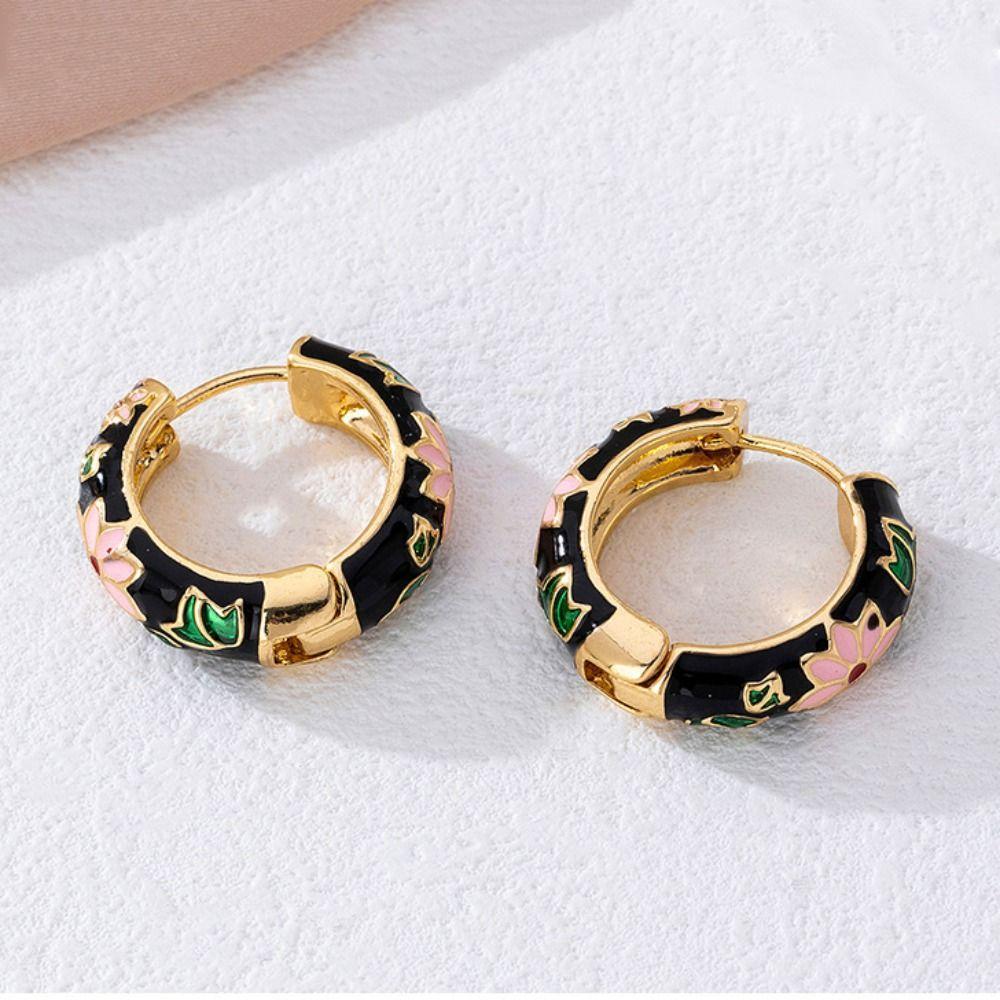 Classic Chinese Style Earrings Korean Hoop Ear Buckle Hawaiian Flower Enamel Earrings  Jewelry