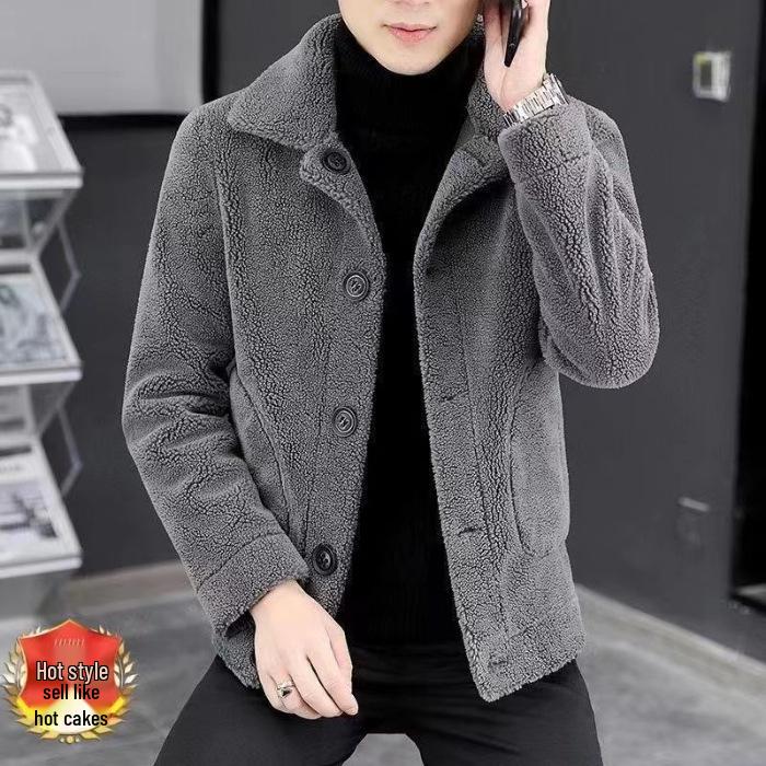 Men s Trendy Gray Lambswool Stand Collar Jacket - Plus Velvet Thickened Winter Coat 4XL