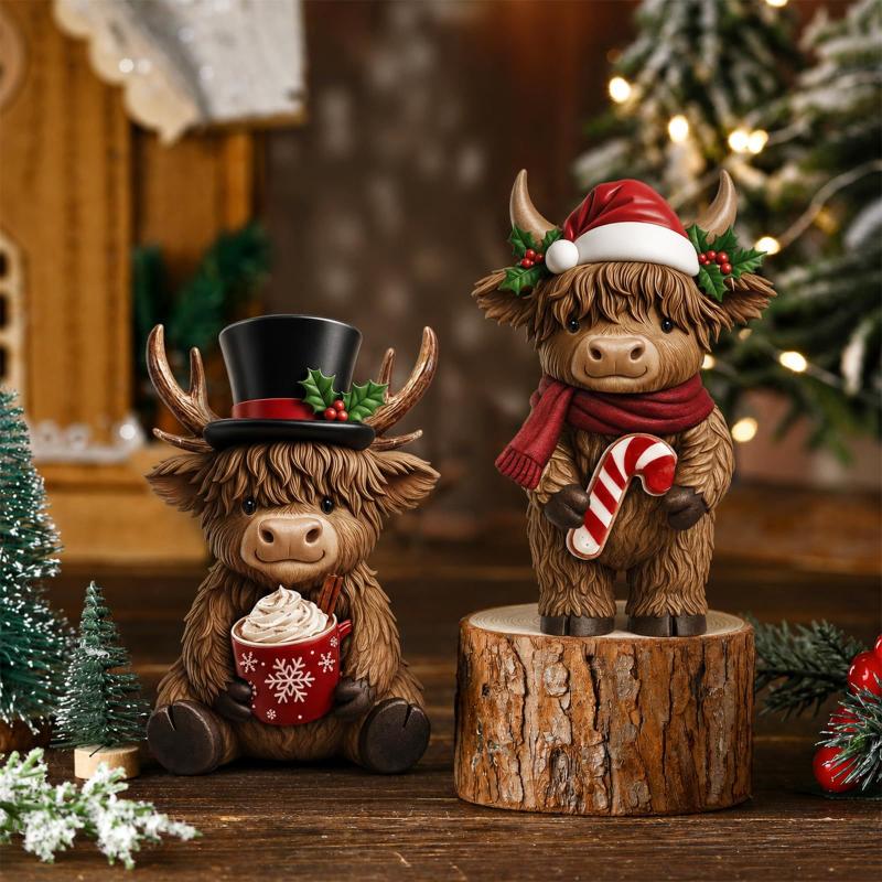 2Pcs 2D Flat Wooden Newspaper-Reading Cows Highland Cow Decorative Ornaments For Home Bedrooms Entryways Bookshelf Display