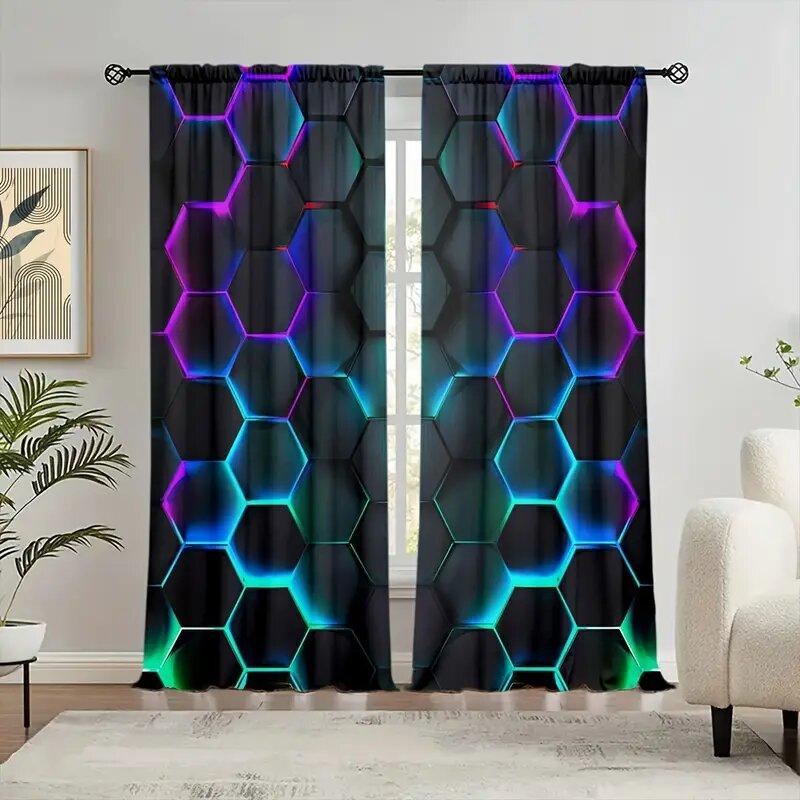2pcs Futuristic Hexagonal Art Printed Curtains, Pole Bag Curtains 42*84, Bedroom Living Room, Home Decoration, Room Decoration