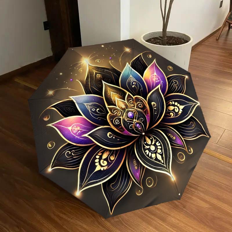 1pc Golden Lotus Mandala Umbrella with Plastic Handle,Suitable for All Seasons Home Travel Outdoor UmbrellaDD1016