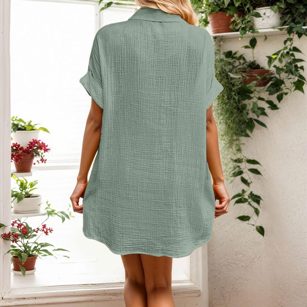 Módní dámské ležérní jednobarevné zapínací šaty střední délky s krátkým rukávem volného střihu