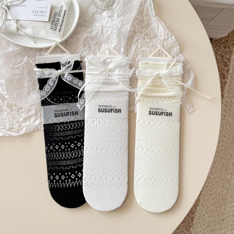 Women's Ballet-Style Mesh Mid-Calf Socks with Sweet Lace, Ribbons & Bows for Spring/Summer.