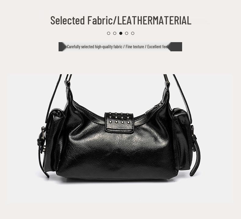 Niche Distressed Leather Single-Shoulder Bag with Personalized Rivets, Workwear Style Underarm Crossbody Bag