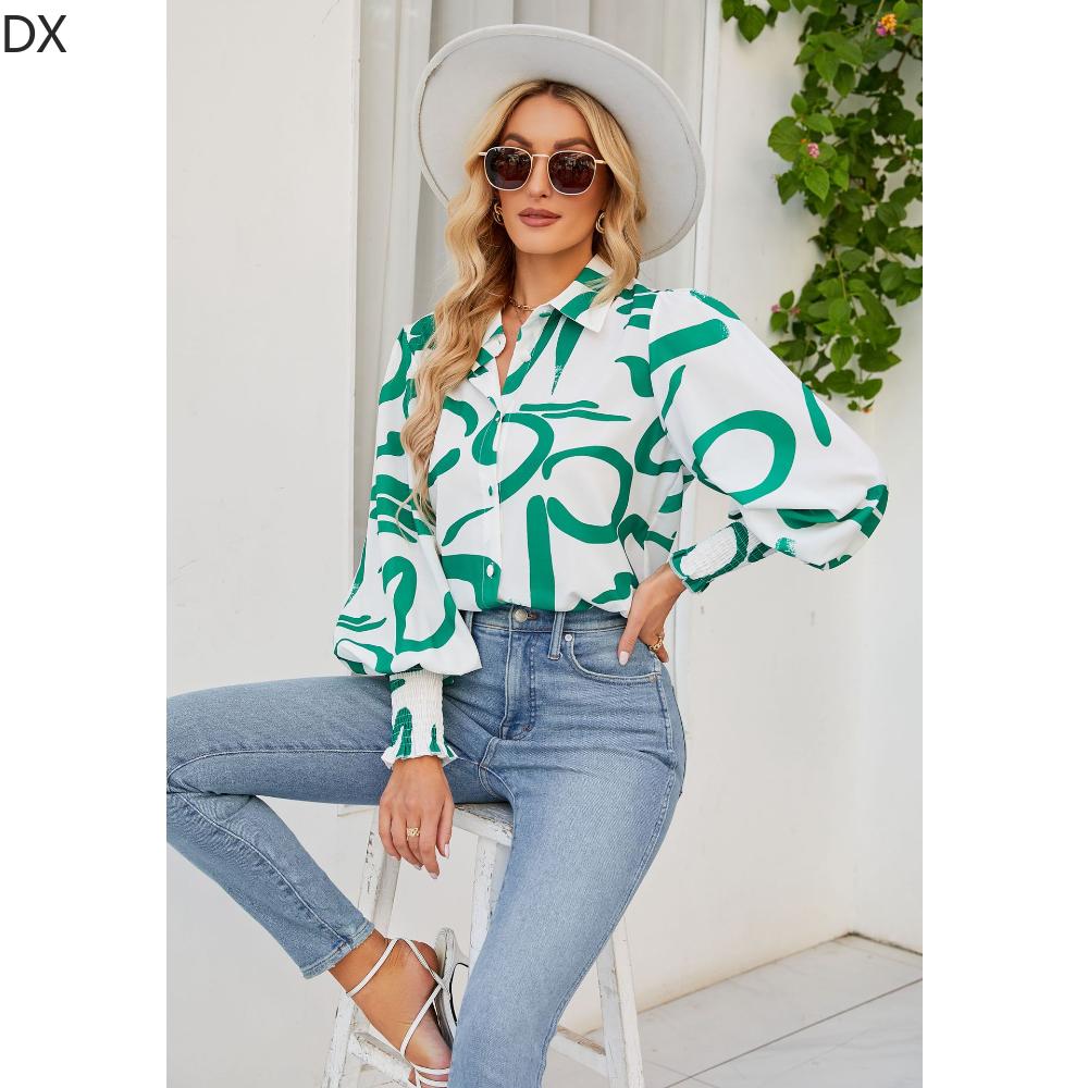 DX2018-8127 # - New Top Casual Print Bubble Shoulder Lantern Long Sleeve Shirt Women