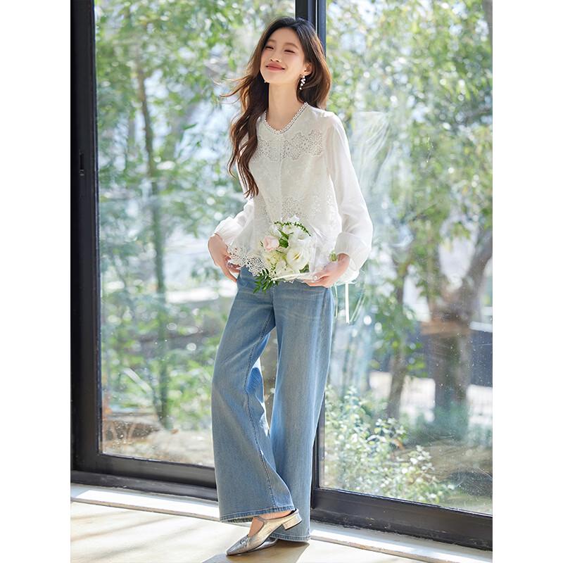 Women's French Lace Hollow Long Sleeve White Shirt