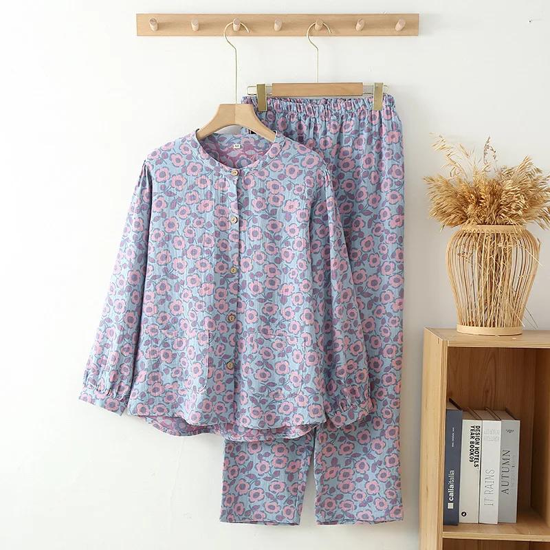 Autumn and Winter Cotton Flower Printing Women's Retro Style Small Flower Pajamas Set Long Sleeved Home Clothing Set