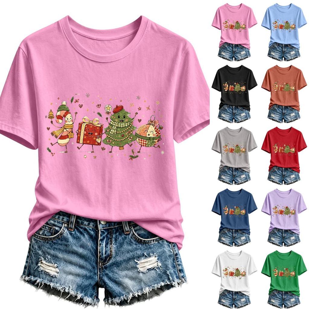 Women's Casual Christmas Printed Short Sleeve T-Shirt with Festive Holiday Design