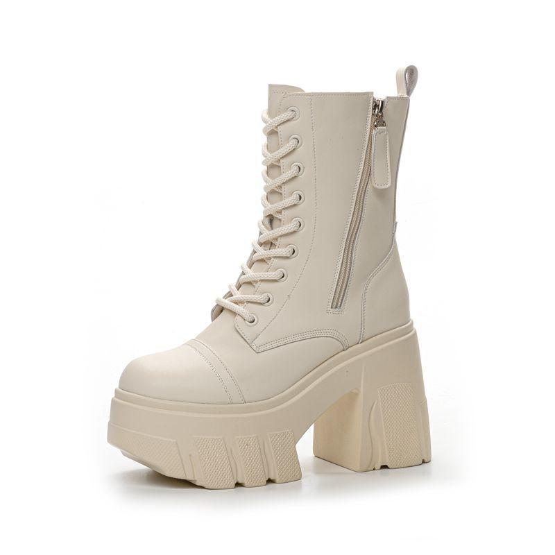 Fashion Punk British Style Girl Thick Sole Side Zip Boots Lace Up Platform Booties For Women Leather PU Chunky Heel Shoes High Top Pumps