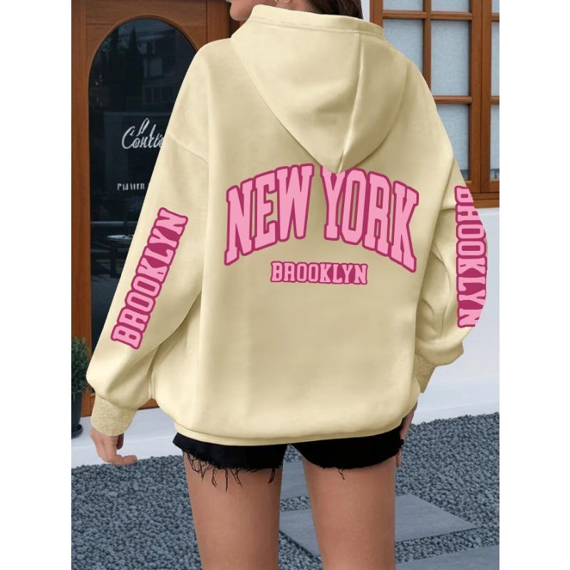 New York Lettering Print Hoodie, Casual Drawstring Hooded Long-sleeve Kangaroo Pocket Sweatshirt
