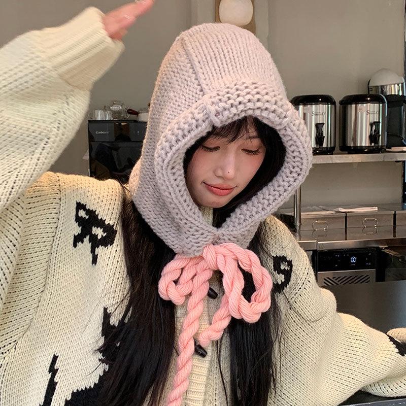 

Balaclava hat women s autumn and winter new warm ear protection thick wool knitted hat versatile face small pullover hat One Size сірий колір