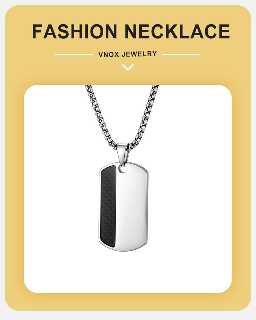 Vnox Black Carbon Fiber Military Dog Tag Pendant Necklaces for Men, Silver Color Stainless Steel Box Chain Jewelry Gifts to Him