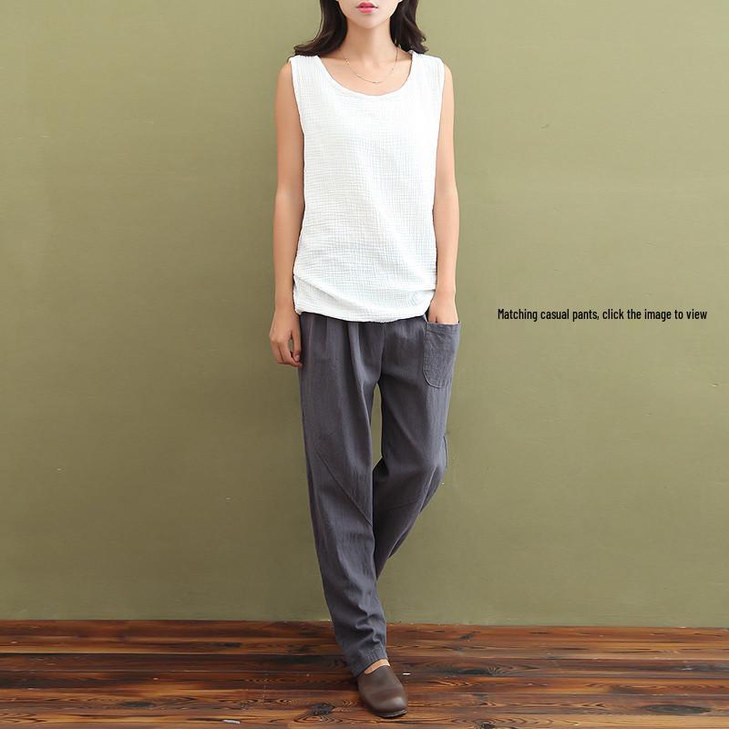 2025 Spring/Summer Women's Artistic Cotton Linen Double-Layered Crinkle Vest - Solid Color, Loose Camisole Base Layer