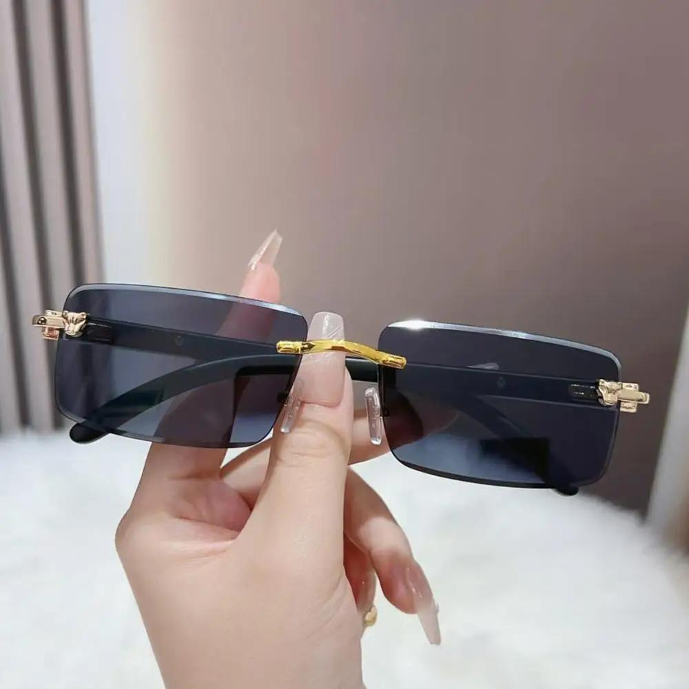 New Retro Cheetah Decoration Sunglasses For Women Men Trendy Rimless Shades Uv400 Summer Eyewear Fashion Ocean Lens Sun Glasses