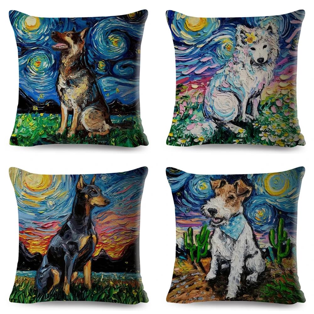 Both Sided Starry Sky Dog Cushion Cover Decor Oil Painting Cartoon Pet Animal Pillow Case for Sofa Home  Linen Pillowcase