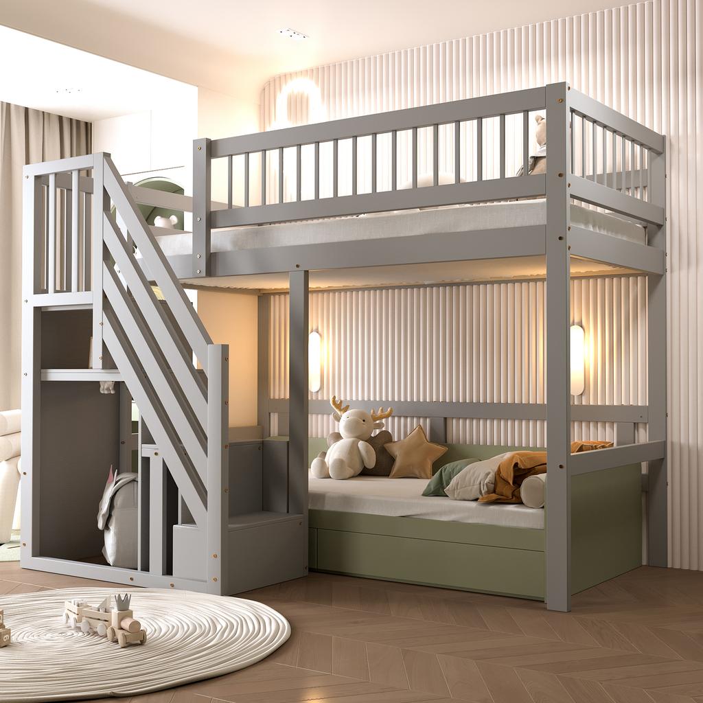 Letto in Legno Massello 90*200, Scaletta con Armadietto, Letto per Bambini, Letto per Ragazzi, Letto Singolo, Struttura in Legno Massello, Versione Alta, Grigio