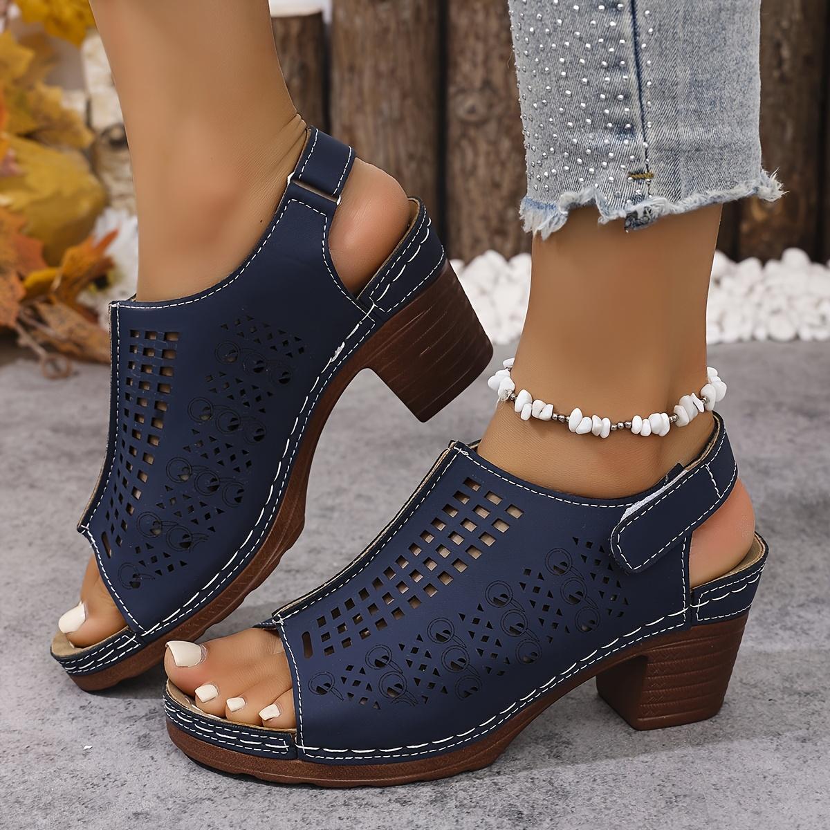 

Summer Women s Fashion High Heels, Solid Color Large Size Open Toe Sandals, Adjustable Back Strap Shoes with Hollow Carving Design Size 42 темно-синий