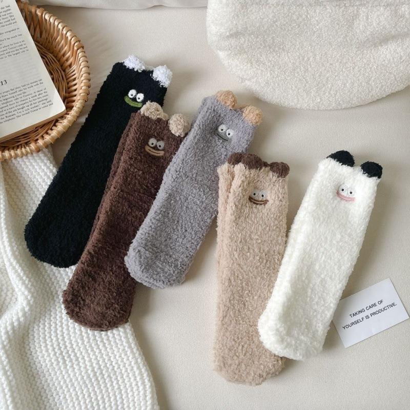Autumn and winter new cartoon little monster embroidery three-dimensional small ears coral fleece sleeping socks thermal floor socks medium tube socks