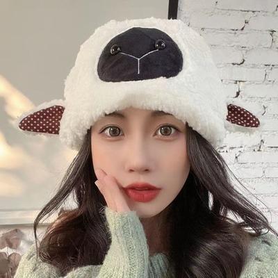 Plush Hat Cute Fuzzy Cozy Thickened Stretchy Keep Warm Soft Autumn Winter Sheep Lamb Ears Girls Cap for Daily