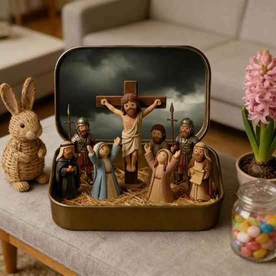 Kleiner Jesus in Blechdose Miniatur Jesus Kreuzigung Auferstehungsszene Ornament Tasche Jesus Figuren Set Religiöse Heim- und Büro-Schreibtischdekoration