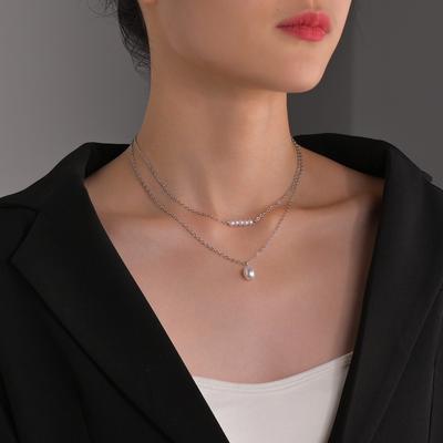New Personality One-word Pearl Pendant Women's Double Stacked Alloy Necklace Clavicle Chain
