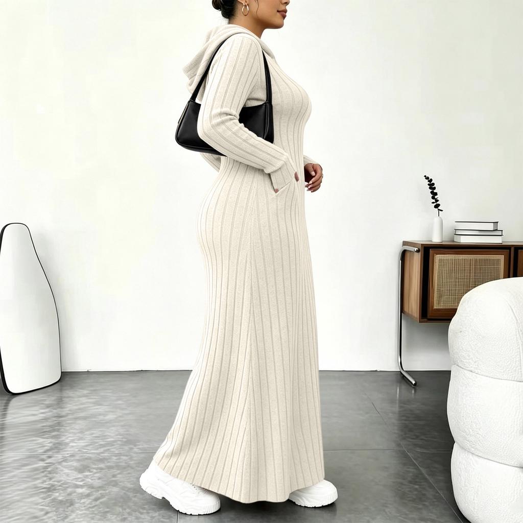 Women's Fashion Color Hooded Ribbed Dress with Slim Fit Cinched Waist and Pockets