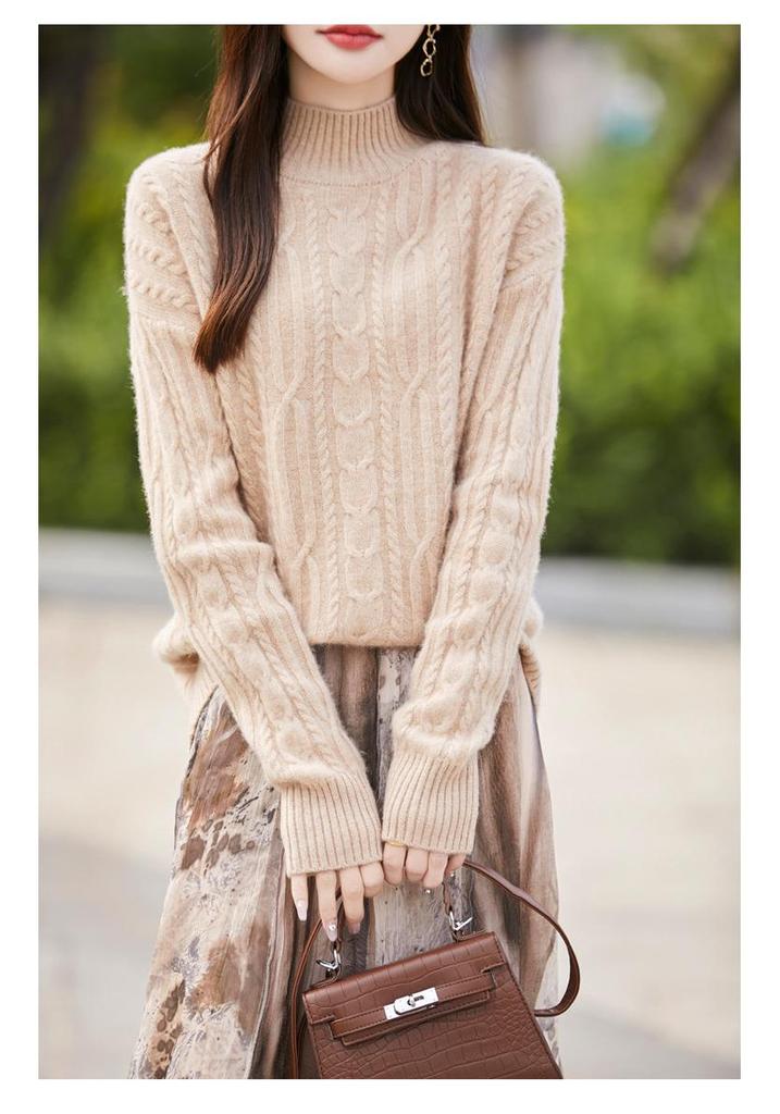 Autumn 100% Pure Wool Cable Knit Half-High Neck Sweater - Solid Color, Loose Fit