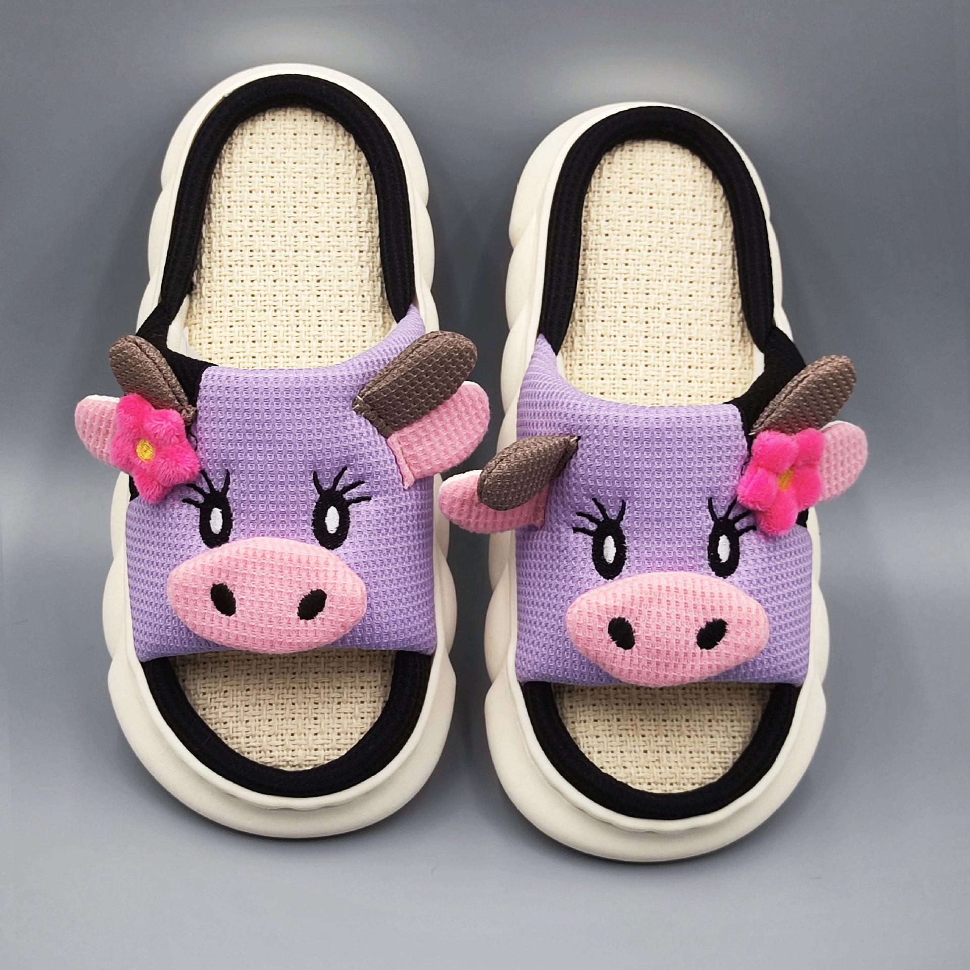 Universal Cow Print Linen Slippers: Cute, Non-Slip, Odor-Proof, Four Seasons, Thick Sole 38-39