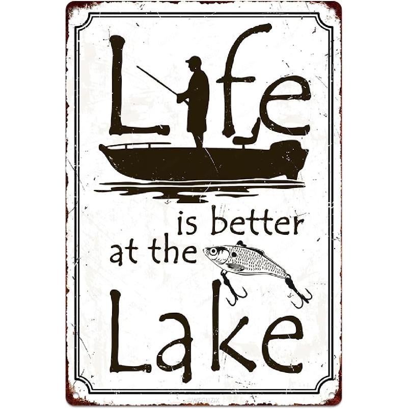 Funny Fishing Signs Life Is Better At The Lake Vintage Metal Fish Painting Art Printing Poster Wall Decor for Home Kitchen Bar Cafe Pub 12x8 Inch
