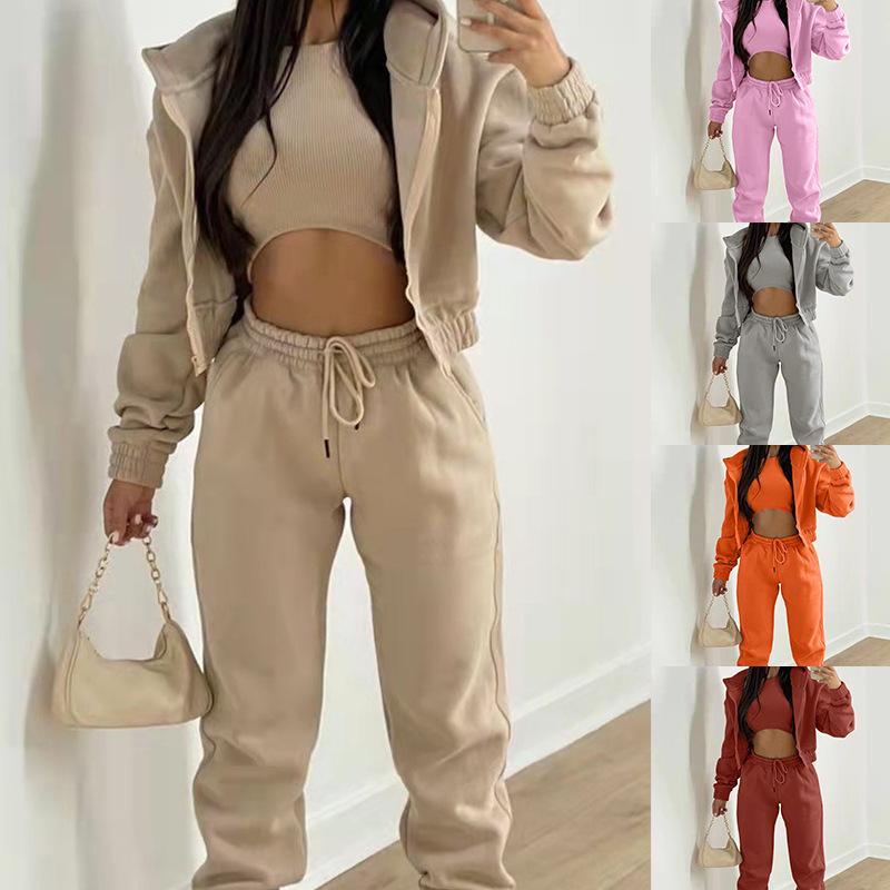 Women's Solid Color Three-Piece Set: Hooded Sweatshirt & Long Pants - Casual, Elegant Commute.