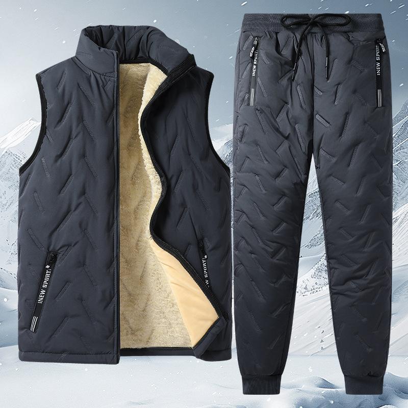 Autumn and Winter New Men's Warm Three-piece Set Stand-up Collar Lamb Wool Vest Jacket Ultrasonic Cotton Pants