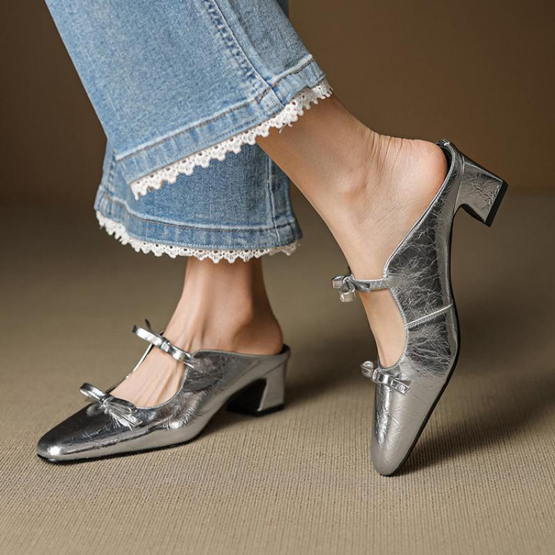 

Новые тапочки на высоком каблуке с подошвой из говяжьей жилы, летние женские тапочки большого размера с закрытым носком, кожаные, повседневные, однотонные, крутые тапочки 40 серебряный