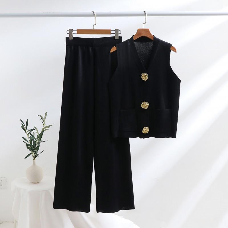 Style Women's Clothing Gold Button Collar Knitted Vest Casual Loose Trousers Two-piece Suit