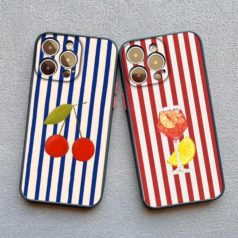 Red Blue Stripe Fruits Lemon Cherry Phone Case for IPhone 13 Mini 12 11 Pro Max 17 16 15 14 Pro Max Plus XR XS X Back Cover
