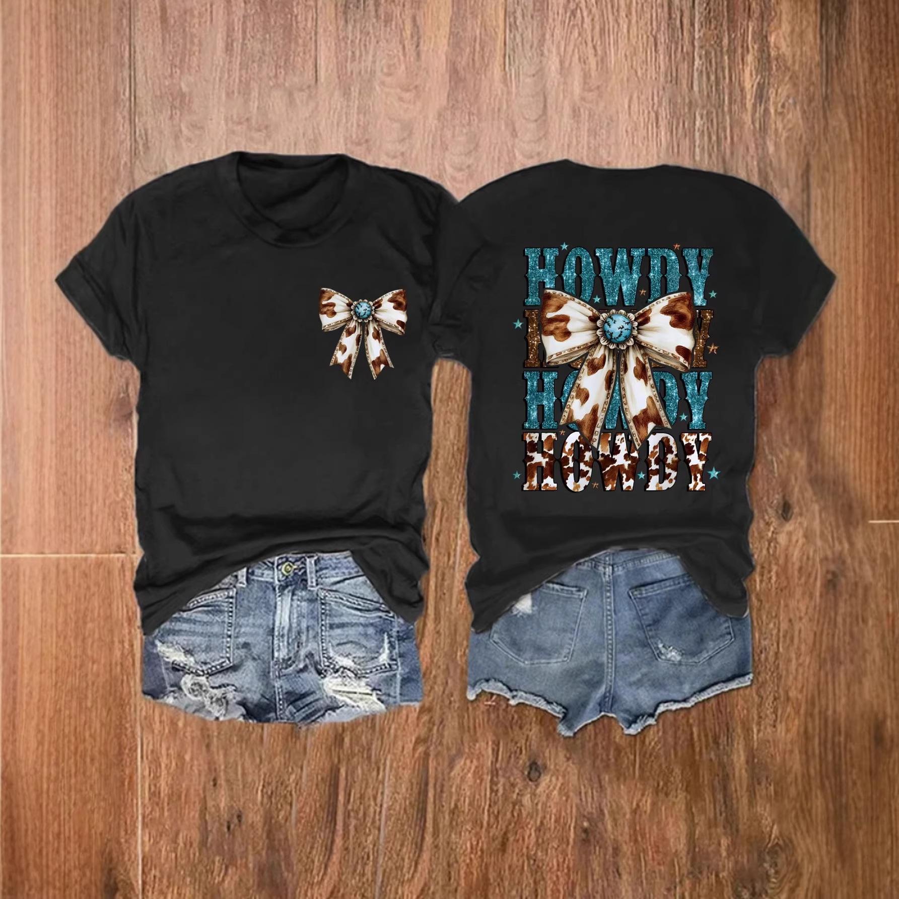 

Western Style Women s Short Sleeve T-shirt with Cow Print and Bow Knot Design Small