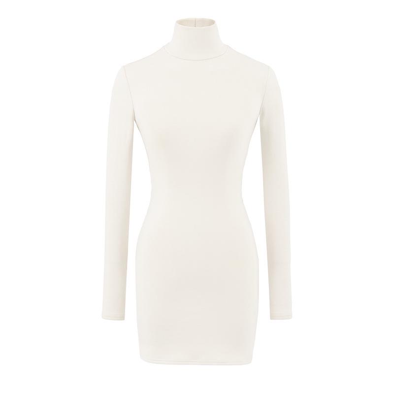 Elegant High-Neck Faux Cashmere Long-Sleeve Dress for Women, Autumn/Winter, Slimming Stretchy Fit, Short Plush Skirt
