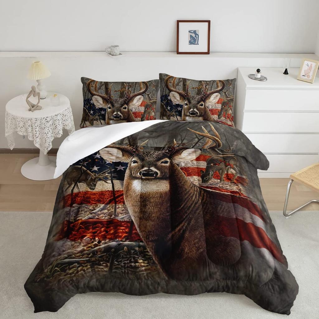 Deer Hunting Bedding Set Queen American Flag Duvet Cover Queen Size For Boys Teens, Room Decor Full Size With 2 Pillowcases