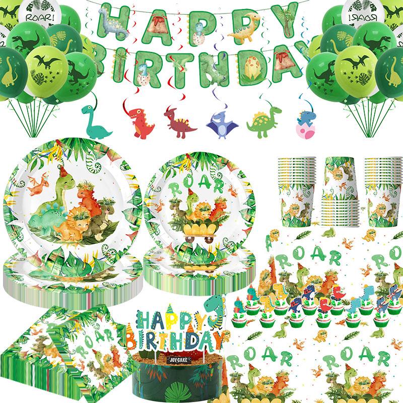 Dinosaur Birthday Decoration Party Supplies Set Cup Plate Tablecloth Dinosaur Balloons Happy Banner Cake Topper for Kids Favors
