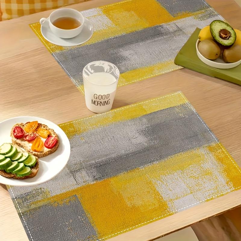 4pcs Abstract Geometric Yellow & Grey Placemats | 12x18 Inch Rectangular Linen Table Mats, Machine Washable | for Dining, Home, Kitchen, Banquet, Cafe